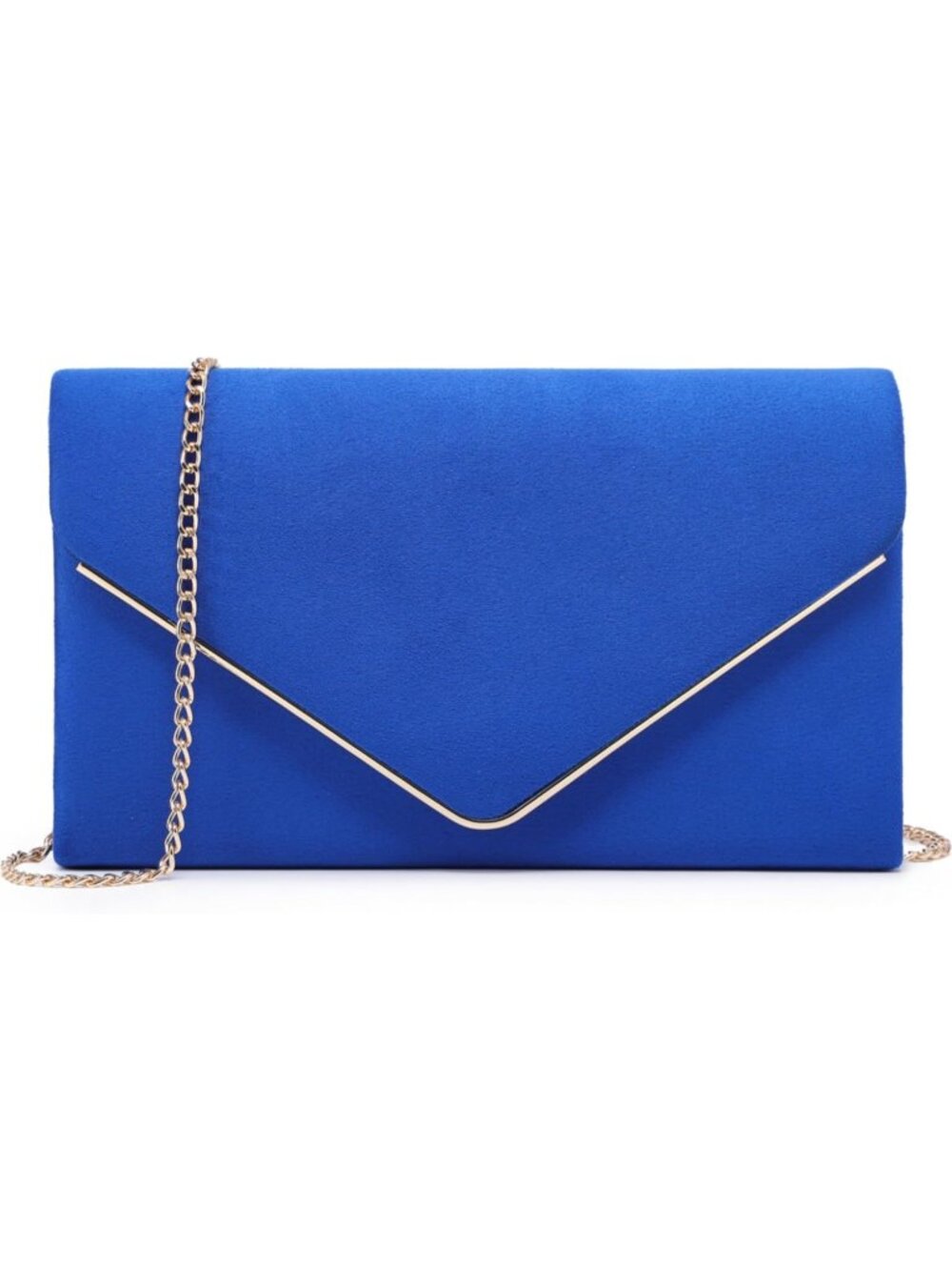 Women’s Blue Faux Suede Clutch Purse Gold Chain Strap Wedding Evening Bag